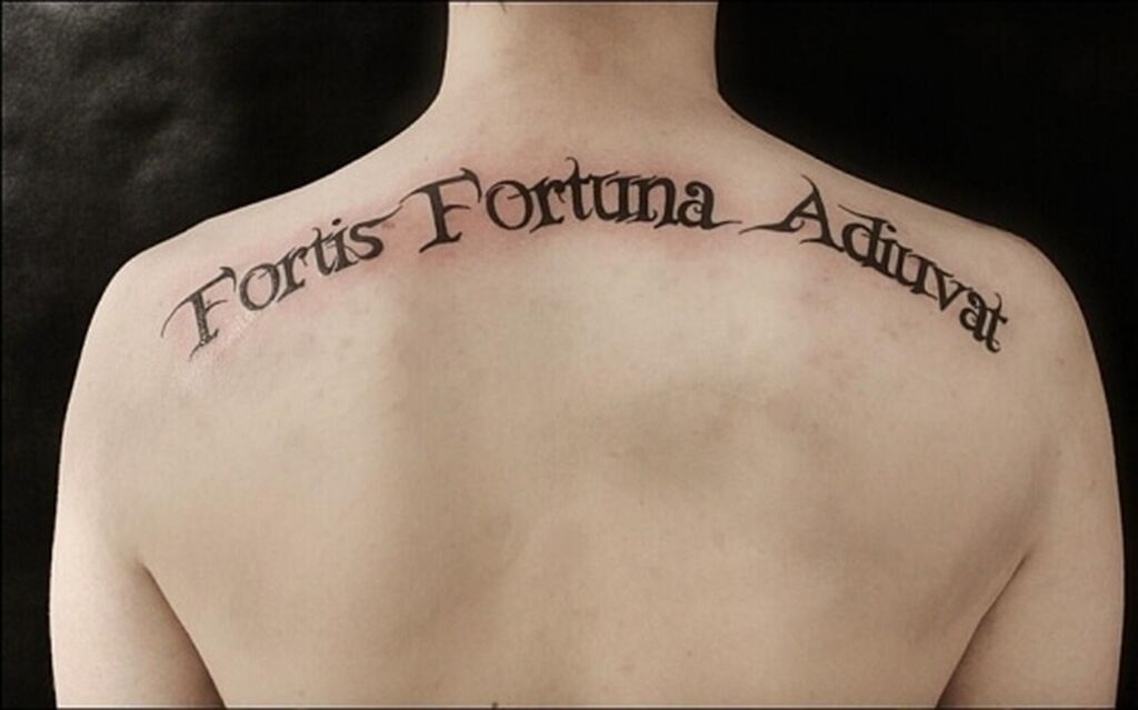 Fortis fortuna adjuvat. Смелым судьба помогает на латыни. Татуировка удача сопутствует смелым. Тату на спине на латыни. Удача сопутствует смелым на латыни.