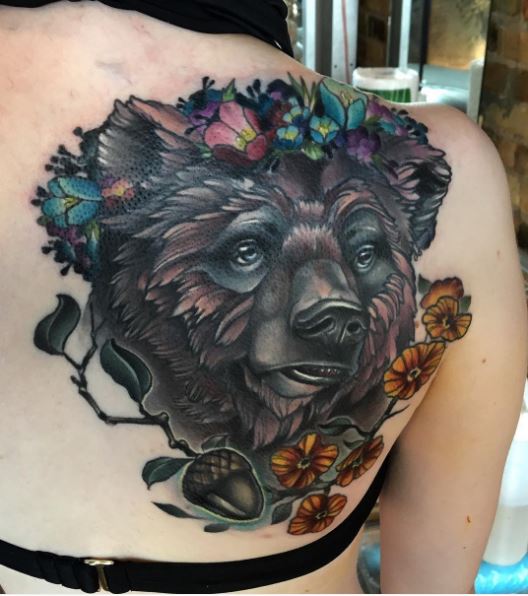 Amazing Black Bear Tattoos Design On Women Upper Backside