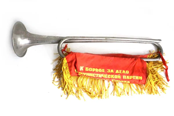 Soviet Old Pioneer Horn Red Banner White Background Pioneer Horn Royalty Free Stock Images