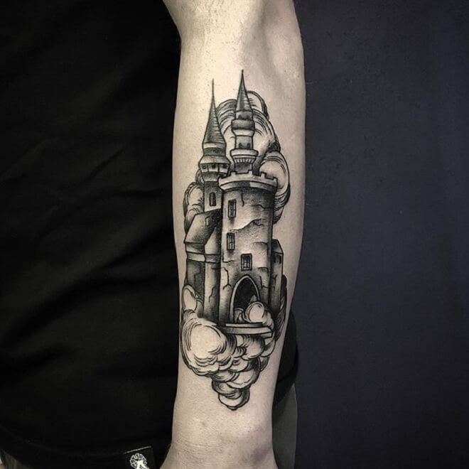 Black and Grey Castle Tattoo