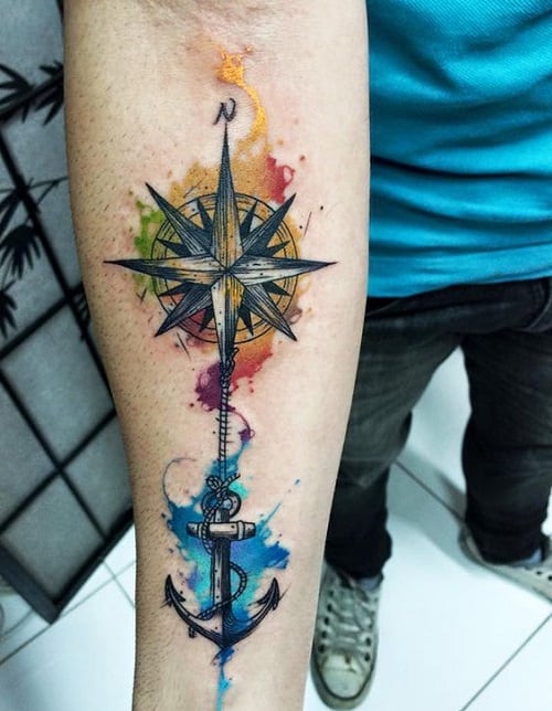 Colorful Compass Tattoo with Anchor on Arm