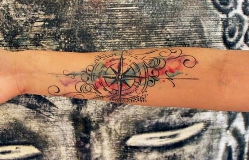 Colorful Compass Tattoo with Swirls