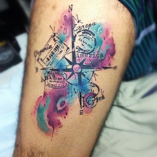 Continents with Colorful Compass Tattoo
