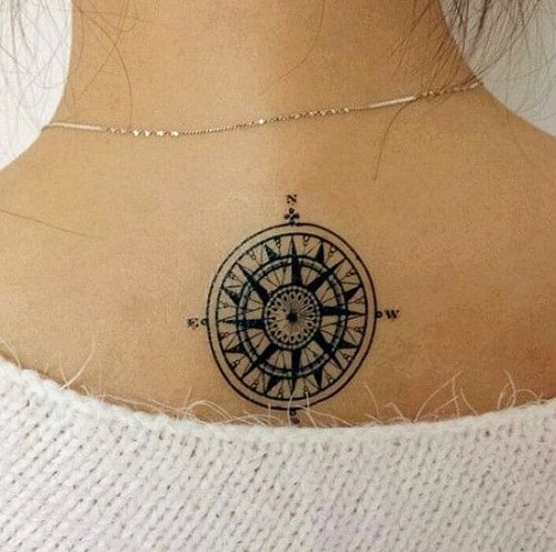 Cute Small Compass Tattoo on Upper Back