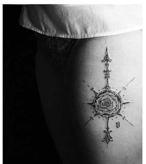 Leg Compass Tattoo with Rose