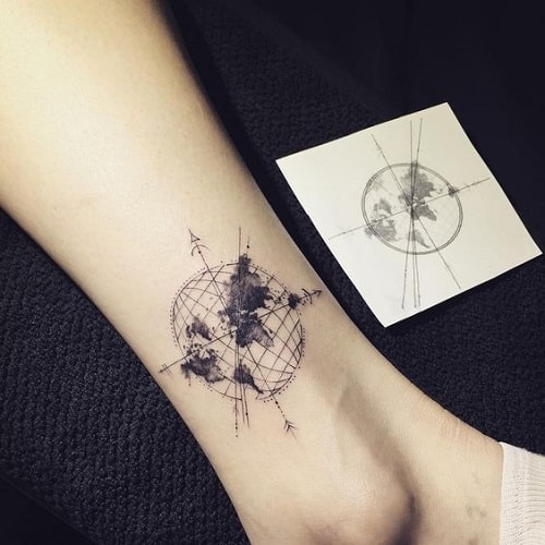 Minimalist Compass Tattoo with Earth on Ankle