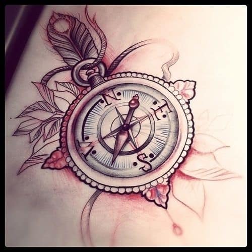 Most Beautiful Compass Tattoo with Leaves and Feather