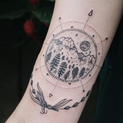 Mountains, Trees Inside Compass Tattoo