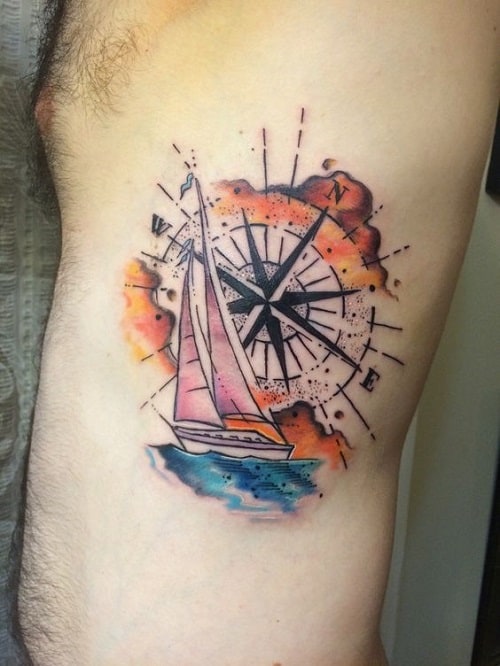 Sailing Boat Colorful Compass Tattoo