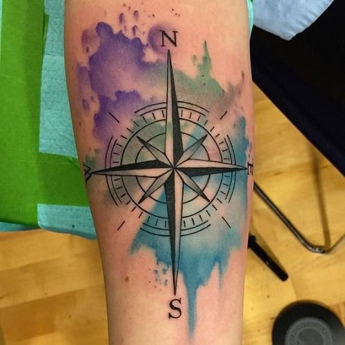 Violet, Green and Blue Compass Tattoo on Arm