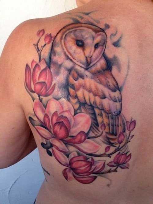 Pink Magnolia Owl Tattoo