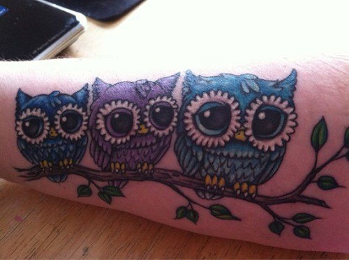 Tiny Owls on Branches Tattoos