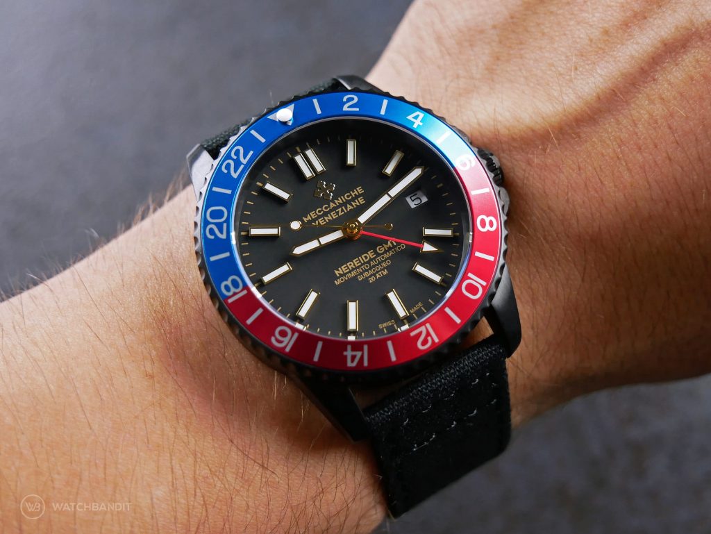 Meccaniche Veneziane Nereide GMT Pepsi PVD Watchbandit wristshot