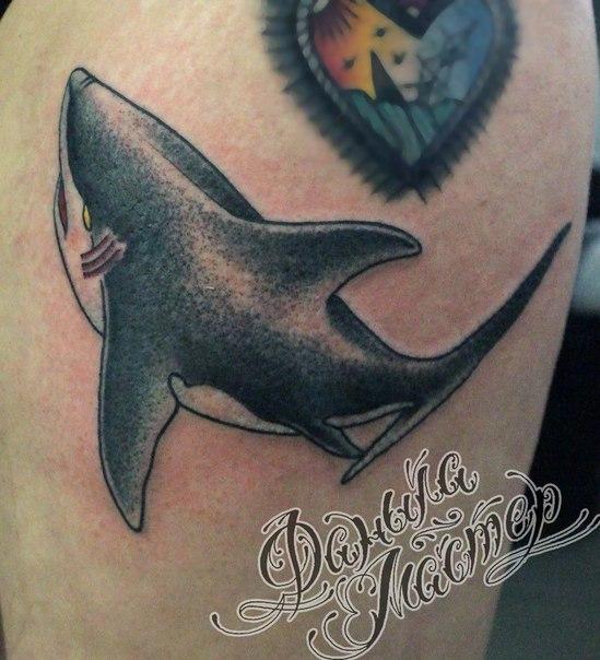 Художественная татуировка «Акула» от Данилы-Мастера. Место нанесения: бедро. Время работы: около часа, по своему эскизу.
