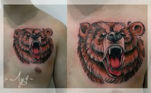 Художественная татуировка «Медведь». Мастер Катя Луч. По собственному эскизу. Расположение: грудь. Время работы 3 часа.