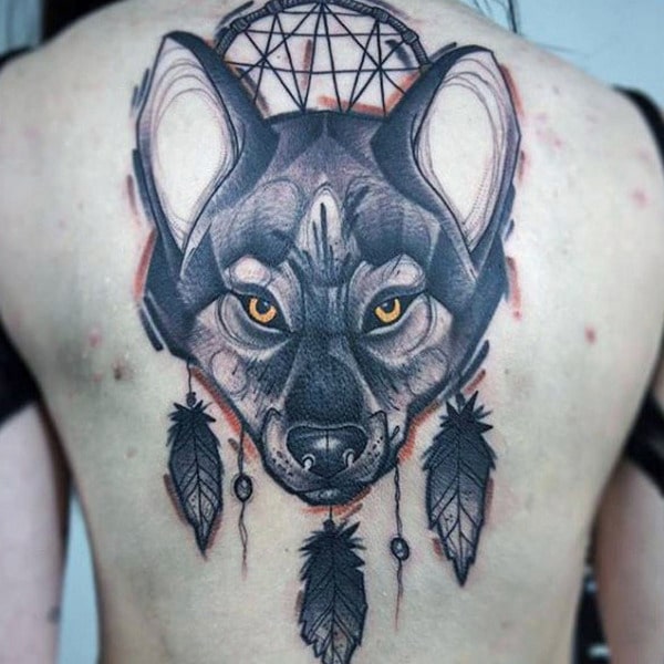 Wolf Dreamcatcher Tattoo On Thigh